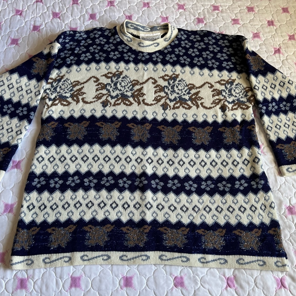 Vintage Navy Blue, Cream & Brown Patterned Crew Neck Sweater